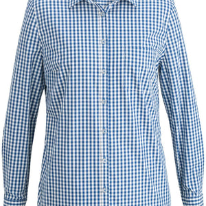 Ladies Tailored Poplin Long Sleeve Comfort Stretch Navy/White Check Blouse